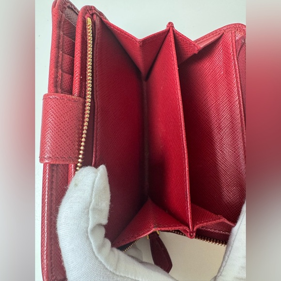 Prada Women’s Red Leather Saffiano Small Bifold Wallet with Gold-Toned Hardware - Picture 11 of 13